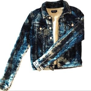 bebe Blue Acid Wash Destroyed Vintage Denim Jacket with Stretch